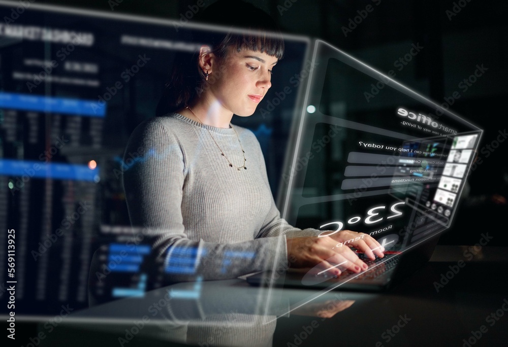 Poster Database, information technology hologram or woman typing to research web design in a smart office. Future overlay or developer with digital ui or ux on a website or software for innovation at night
