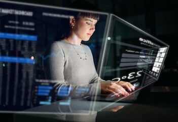 Database, information technology hologram or woman typing to research web design in a smart office....