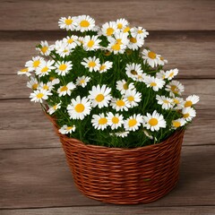 Fototapeta na wymiar a bouquet of daisies in a basket on an old weathered wooden background, artificial flowers - generative ai