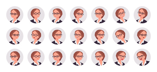 Attractive businesswoman avatar, office manager portrait set business employee bundle. Different emotions face icons, character pic. Vector flat style cartoon circle set isolated on white background