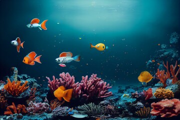Naklejka na ściany i meble Tropical fish and hard corals on a blue water. Generative AI