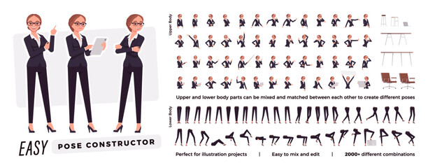 Businesswoman character easy pose constructor. Office girl drag, drop set, female manager body match, secretary figure building. Vector flat style cartoon construction kit isolated on white background - obrazy, fototapety, plakaty