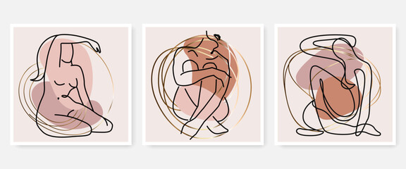 Vector Set of Abstract Aesthetic Posters with Woman Body. Minimalist Trendy Backgrounds Set for Wall Art, Social Networks, Prints, Web Design in Bohemian Style. Female Figure Nude Print for Wall Decor