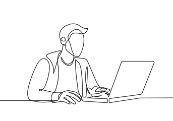 Line Art Drawing of Man with Laptop. Businessman Minimal Line Drawing Art. Modern Trendy Hand Draw Line Art Vector Business Design in Minimalist Style.