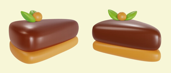 Set 3d realistic vector piece of cake or cheesecake in cartoon minimal style. Holiday colorful tasty dessert icon. Bright glossy sweet food element. Collection creative cute child art illustration.