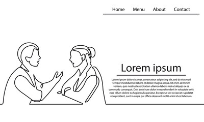 Business Concept Line Drawing Style. Woman and Man Talking in Office Abstract Line Art Drawing in Modern Trendy Style. Vector Drawing for Business Design, landing Page, Poster, Banner.