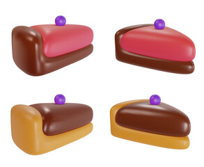 Set 3d realistic vector piece of cake or cheesecake in cartoon minimal style. Holiday colorful tasty dessert icon. Bright glossy sweet food element. Collection creative cute child art illustration.