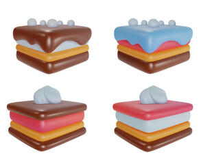Set 3d realistic vector piece of cake or cheesecake in cartoon minimal style. Holiday colorful tasty dessert icon. Bright glossy sweet food element. Collection creative cute child art illustration.