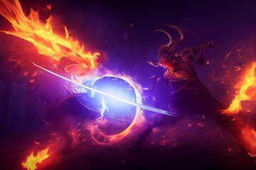 Fototapeta na wymiar A supernatural martial artist facing the sun swings a katana on the battlefield while wearing a demonic red mask, generating a sizzling fire ring all around. Action splash art. Generative AI