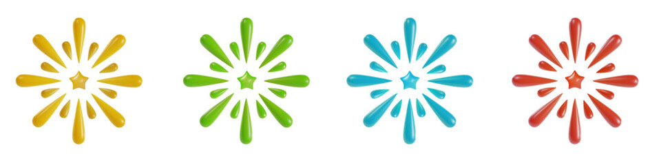 Set 3d cartoon festive fireworks or rays in realistic minimal style. Collection holiday color decoration elements. Cute explosion effect. Vector kids illustration.
