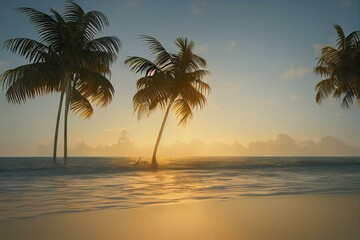 Obraz na płótnie Canvas Lovely tropical beach scene with a coconut palm tree and a sunrise or sunset for a trip or vacation backdrop. Generative AI