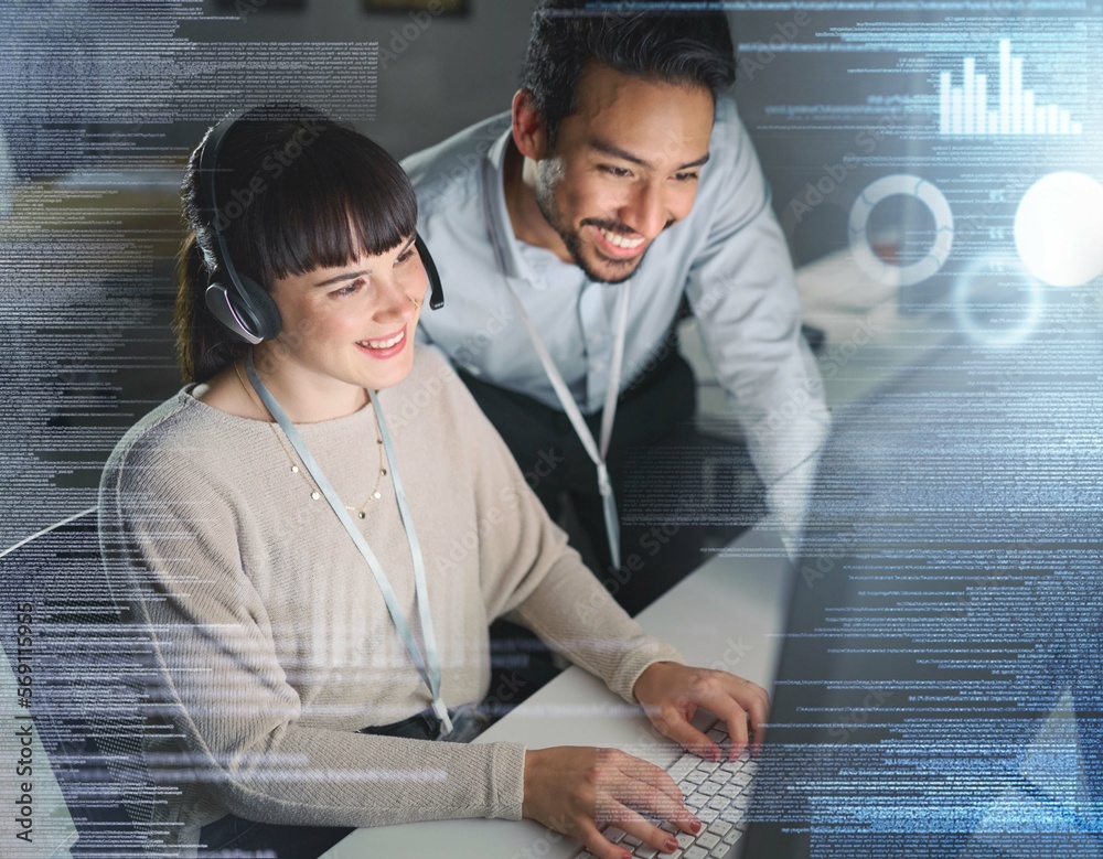 Poster woman, man and night by computer with overlay, smile and coaching for tech support, data analytics o