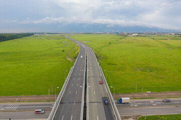 Aerial view of A3 Highway motorway road cross with city ring road (Centura Bucuresti DNBC in...