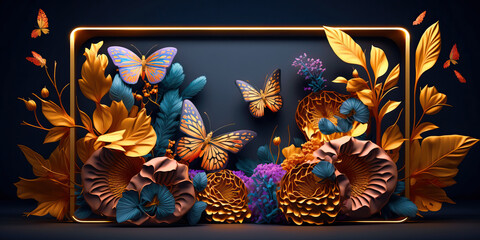 Tropical leaves, large exotic flowers and butterflies frame. Exotic botanical design for cosmetics, spa, perfume, beauty salon, travel agency, florist shop. Post-processed generative AI 