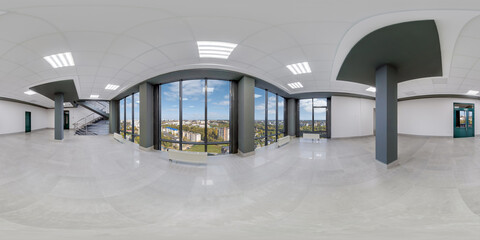 full seamless spherical hdri 360 panorama view in empty modern hall with columns and panoramic windows overlooking city from skyscraper in equirectangular projection, ready for AR VR content - obrazy, fototapety, plakaty