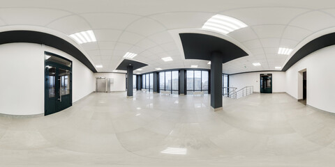 full seamless spherical hdri 360 panorama view in empty modern hall with columns and staircase, doors and panoramic windows in equirectangular projection, ready for AR VR content
