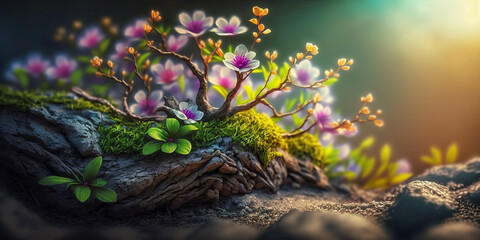 Abstract spring background with fresh grass and flowers. Summer spring perfect natural landscape for Banner, invitation, wallpaper, website, print ads, packaging  design.  Post-processed generative AI