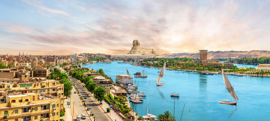 Skyline Aswan landscape on the way to the Great Sphinx, Egypt - obrazy, fototapety, plakaty