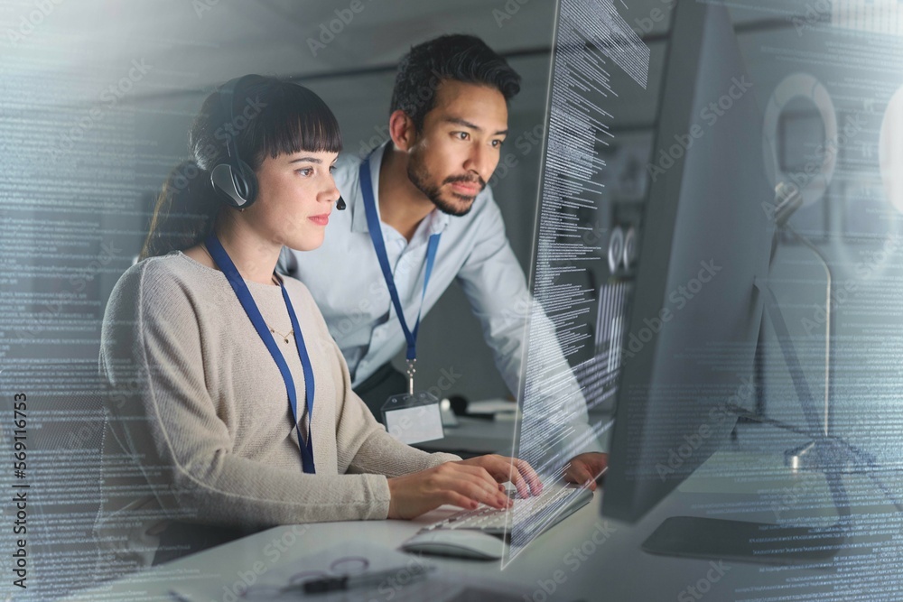 Poster customer support, call center overlay and business people on computer for telemarketing, crm and net
