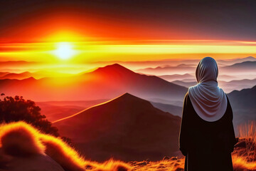 Rear view of a Muslim woman wearing hijab looking at the rising sun behind two mountain peaks in the desert, made with generative AI