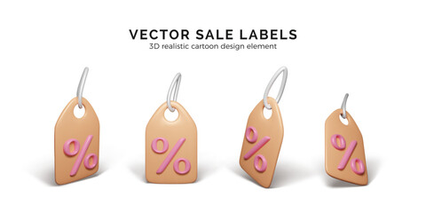 Tag price set. 3D realistic cartoon discount coupon with percentage sign