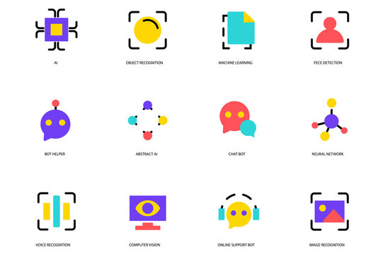 AI set of flat icons concept in the flat cartoon design. Set present images that are associated with artificial intelligence.