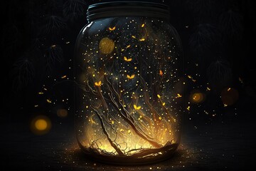 Glowing magical fireflies and butterflies in the glass jar on dark background. AI generated 