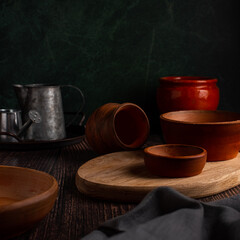 clay dishes on a wooden table