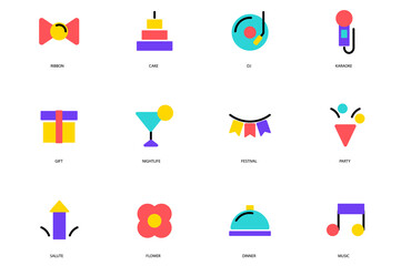 Party set of flat icons concept in the flat cartoon design. Attributes and elements that should be at every party.