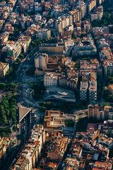Obraz premium Aerial view of Ronda del Mig of the city and with the typical buildings of Barcelona cityscape from helicopter. top view. Neighborhood.