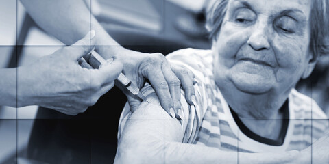 Senior woman getting an injection, geometric pattern
