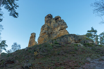 Fototapeta na wymiar Fascinating rock formations in the Klusberge near Halberstadt in Germany