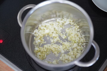 Frying chopped onion in the pan 