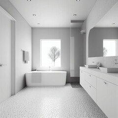 White minimalistic Bathroom Interior Design with 3D Renderings. Generative AI
