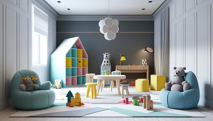 3D Visualization minimalistic Kids Room Interior Design with 3D Renderings. Generative AI