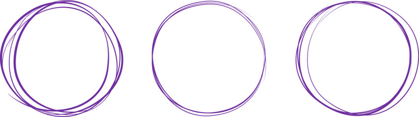 Violet circle line hand drawn set. Highlight hand drawing circle isolated on background. Round handwritten circle. For marking text, note, mark icon, number, marker pen, pencil and text check, vector