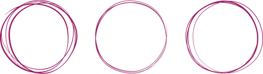 Purple circle line hand drawn set. Highlight hand drawing circle isolated on background. Round handwritten circle. For marking text, note, mark icon, number, marker pen, pencil and text check, vector