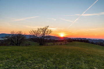 Sunset from Machnac hill in Biele Karpaty mountains in Slovakia near borders with Czech republic