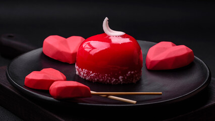 Beautiful tasty cake red color cheesecake in the shape of a heart