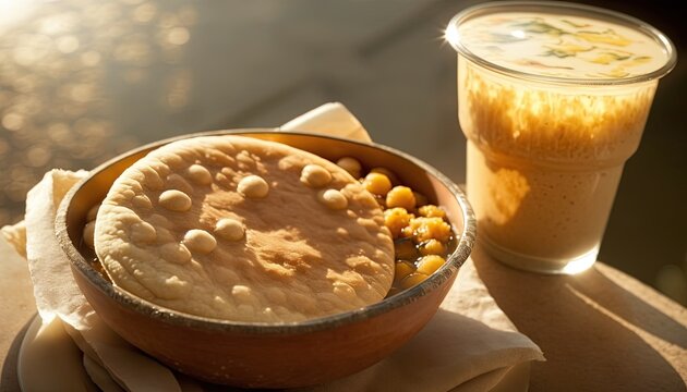  A Bowl Of Food Next To A Drink On A Wooden Table With A Napkin And Napkin On The Side Of The Bowl And A Glass.  Generative Ai