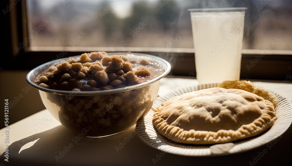 Poster  a bowl of food next to a glass of milk and a pie on a plate on a window sill with a glass of milk.  generative ai