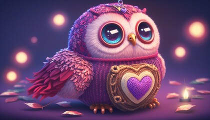  an owl with a heart on its chest and a candle in its hand, sitting on a purple surface with leaves and a purple background.  generative ai