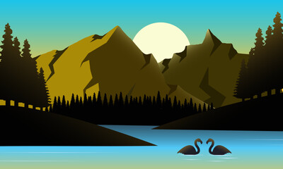 Fototapeta na wymiar Beautiful Moutains and River at Sunrise Landscape With Pine, Goes, Swan, and Sun. Mountain and River Wallpaper Background. Eps 10 Vector