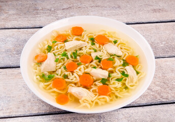Chicken noodle soup with parsley and vegetables in a white plate,on a gray wooden background.