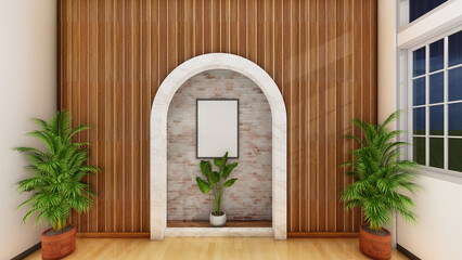 Wooden and brick wall photo mockup photo frame. 3D renderings