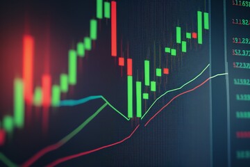 investment panel on monitor screen, green and red candles showing market fluctuation and investment dangers,ai generative