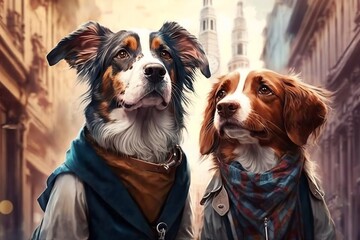 illustration of two cute dogs in a romantic loving scenario, generative ai