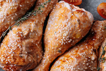 chicken drumsticks with spices, paprika and sesame seeds, ready to bake on a baking sheet