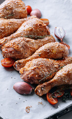 chicken drumsticks with spices, paprika and sesame seeds, ready to bake on a baking sheet