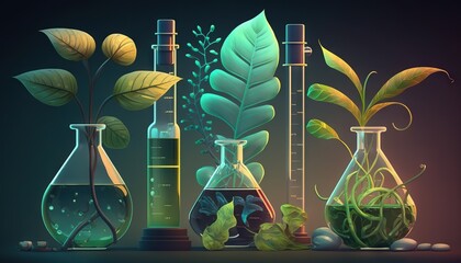  a group of glass flasks filled with plants and plants inside of them on a dark background with a line of test tubes with plants in them.  generative ai
